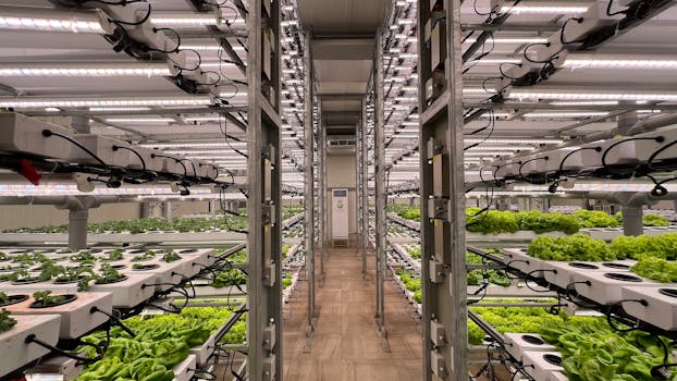 High-tech indoor hydroponic system for growing lettuce efficiently in a greenhouse setting.